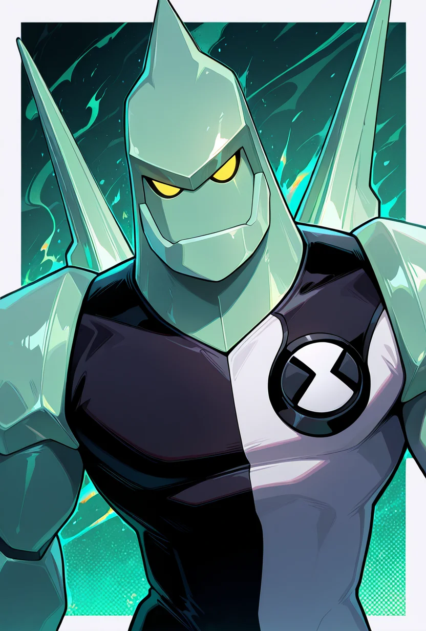 <lora:diamondhead-06:1> diamondhead, robot, yellow eyes, solo, 1boy, no humans, pokemon (creature), armor, spikes, yellow sclera, green skin, bodysuit, green background,, upper body, halftone effect, white borders, abstract background:1.2,, masterpiece, best quality, amazing quality, very aesthetic, absurdres, newest,