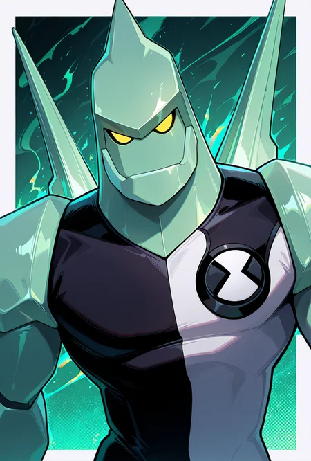 <lora:diamondhead-06:1> diamondhead, robot, yellow eyes, solo, 1boy, no humans, pokemon (creature), armor, spikes, yellow sclera, green skin, bodysuit, green background,, upper body, halftone effect, white borders, abstract background:1.2,, masterpiece, best quality, amazing quality, very aesthetic, absurdres, newest,