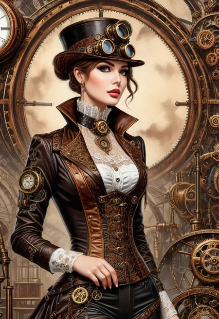 photorealistic painting of a woman in a (steampunk:1.2) outfit with (sexy:0.8):factor lingerie and (intricate:1.5):factor accessories by helios-comics style, 8k, high definition, oil on canvas