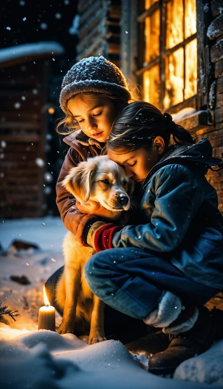 Ultrarealistic. sharp focus, dynamic lighting. play of light, high definition, Ultra detailed, High angle shot, realistic, snowy landscapes, ((abandoned building)), at night, candle light, snow flakes, inside war torn building, very poor little girl embracing a cute abandoned puppy. Dirty old clothes. Puppy is licking the little girl's face. Heartwarming scene