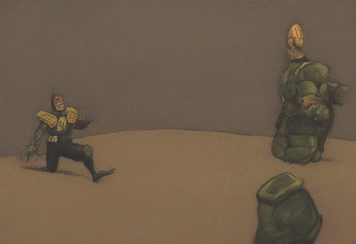 Judge Dredd faces off against a villainous cartoon character in the style of Don Martin, best quality, highres, high detail, sharp, fine art, jdgdrddcom, donmartin style, by donmartin, by don martin, hinged foot, martinwalkstyle
