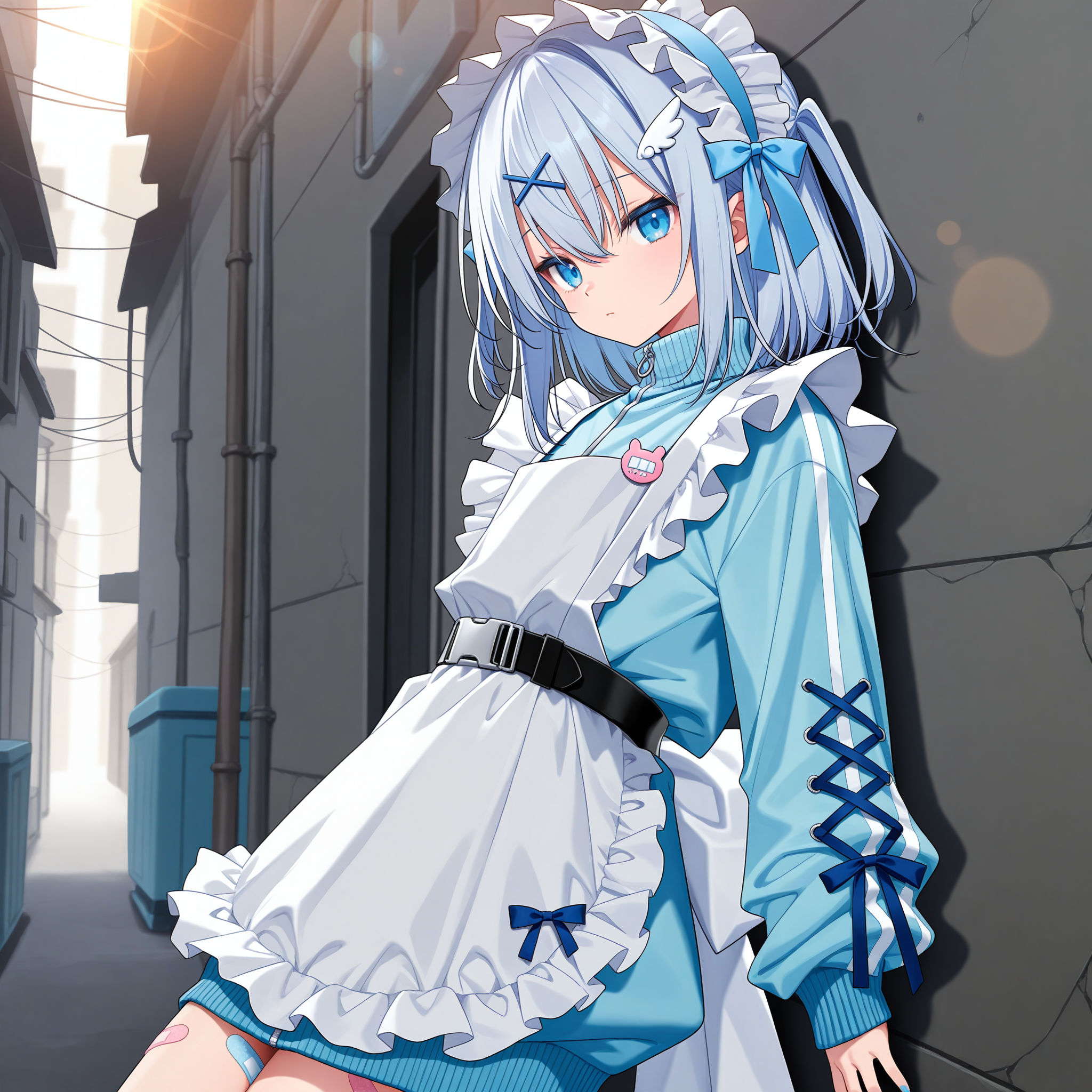<lora:Shirahato_Inori_1_nai-000027:1>,Shirahato Inori,otoko no ko,
two side up,blue hairband,frilled hairband,bow hairband,white frills,wing hair ornament,x hair ornament,nail polish,blue nails,maid,unconventional maid,maid headdress,blue jacket,white apron,blue bow,track jacket,maid apron,bandaid on leg,turtleneck jacket,long sleeves,frilled apron,black belt,cross-laced sleeves,buckle,
1girl,solo,from side,looking at viewer,expressionless,depth of field,lens_flare,alley,leaning back,against wall,