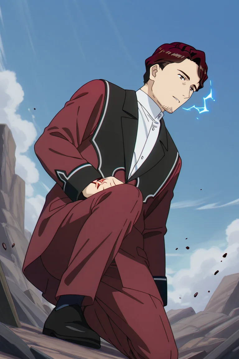 score_9, score_8_up, score_7_up, score_6_up, perfect anatomy, perfect proportions, best quality, masterpiece, high_resolution, high quality, best aesthetic, incredibly absurdres, highres, extremely detailed, huge filesize, solo male, adult, mature, masculine, manly, handsome, charming, alluring, standing, upper body, dutch angle, cowboy shot, perfect face, source_anime \(Frieren: Beyond Journey's End\), anime  coloring \(Frieren: Beyond Journey's End\), Richter\(Frieren: Beyond Journey's End\), FRRRichter, dark brown hair, short hair, facial hair, stubble, brown eyes, FRRRichter_outfit,white collared shirt, tunic collared shirt, stand collar shirt, red brown coat, red/black coat, red brown pants, black footwear, electrokinesis, command spell, fighting stance, one knee, knee up, earthquake, debris, earth fissure