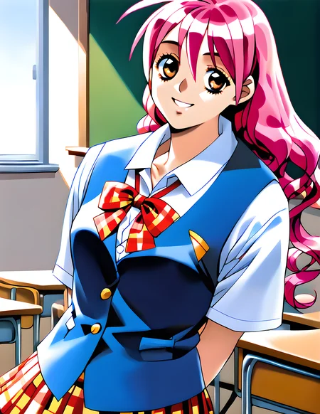 <lora:pony_xl_minori>,minori,score_9,score_8_up,score_7_up,source_anime,1girl,looking_at_viewer,school uniform,blue vest,collared_shirt,bow,pleated skirt,plaid skirt,smile,hair_flaps,classroom,cowboy_shot,front view,standing,arms_behind_back,
