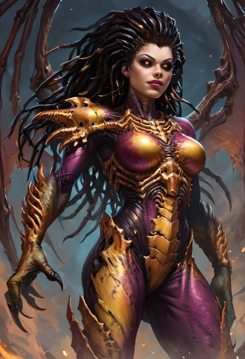 1girl, Kerriganxl, long hair, dreadlocks, black hair, claws, bone wings, glowing yellow eyes, black sclera, chitin armor, bodysuit