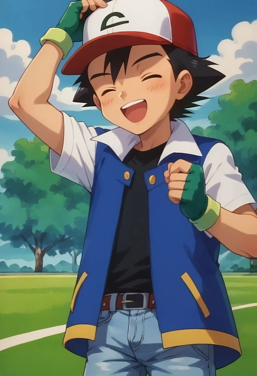 score_9, score_8_up, score_7_up, source_anime, highly detailed, 1boy, solo, male_focus, slender, skinny,
ash_kanto, hat, gloves, solo, fingerless gloves, baseball cap, black hair, jeans, blue jacket,
indoor, pokemon gym, human child, rejoining, arms raised, closed eyes, open mouth, happy,