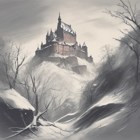 sketch, a painting of a dragon destroy Haut-Koenigsbourg castle :: snow blizzard, forest, castle on the hill
 <lora:sketch_style:1>