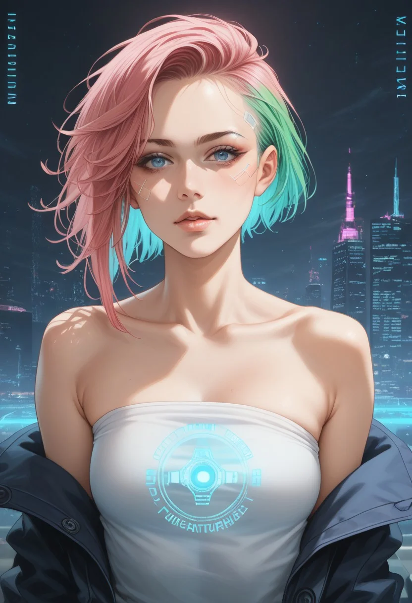 score_9,score_8_up,score_7_up,best quality,very aesthetic,absurdres,masterpiece,colourful,
1girl,solo,asymmetrical hair,short hair,blue hair,green hair,pink hair,multicolored hair,blue eyes,eyeliner,eyeshadow,makeup,bare shoulders,looking at viewer,(cyberpunk),hlpr,futuristic,hologram,glitch,holographic face,ui,interface,nodes,particles,(glowneon),(glowing), (western:0.6), (european:0.6)