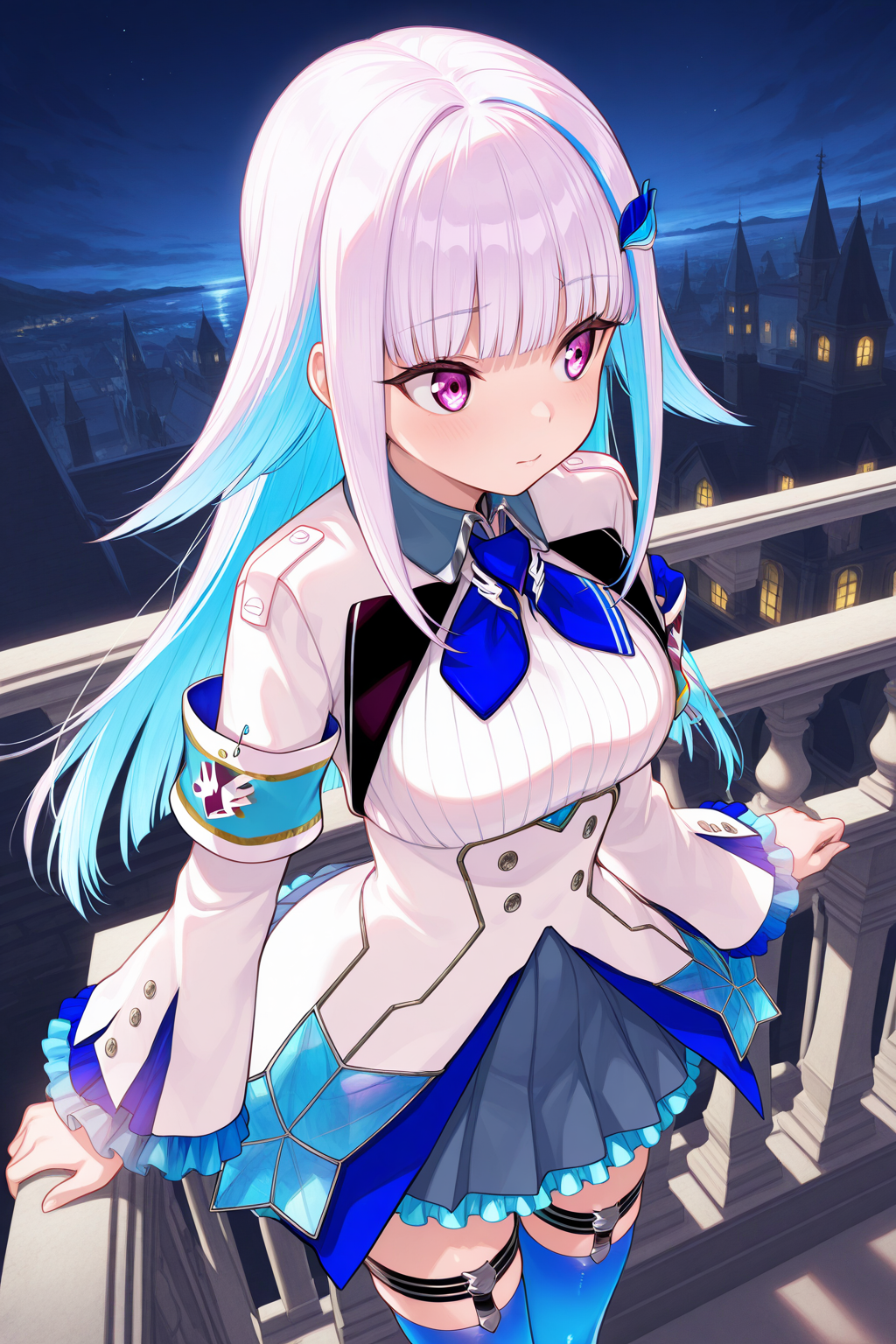 1girl, LizeHelestaNijisanji, 
general, solo, dynamic angle, from above,
purple eyes, looking away,
long hair, white jacket,
frilled sleeves, armband, 
blue necktie,
collared shirt, large breasts,
frilled skirt, thigh strap, blue thighhighs,
night, balcony, in the castle,
<lora:kp_LizeHelestaNijisanji1stCostumeIllustrious_v1_0:1.0>,
masterpiece, best quality, amazing quality