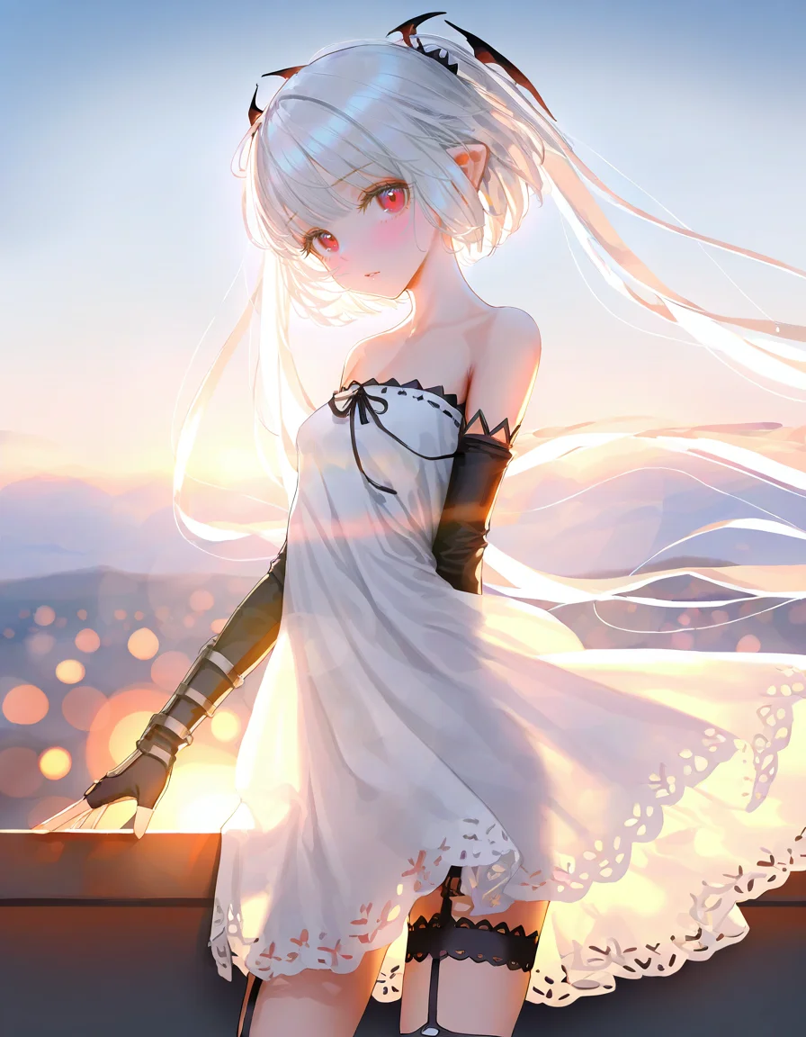 liloai,1girl,solo,<lora:liloai-000012:1>,looking at viewer,simple background,cowboy shot,white background,white dress,bare shoulders,bare shoulders,garter straps,pointy ears,fingerless gloves,detached sleeves,sitting,, masterpiece, best quality, very aesthetic, absurdres,newest, incredibly absurdres,, quan \(kurisu tina\),(artist:reoen:0.826446),(artist:machi:0.9),(artist:ningen_mame:0.9),(artist:sho_(sho_lwlw):0.9),(artist:rhasta:0.9),(artist:wlop:0.7),(artist:ke-ta:0.6),(fkey:0.5),(tianliang duohe fangdongye:0.5),(hiten \(hitenkei\):0.6),, (artist:reoen:0.826446),(artist:machi:0.9),(artist:ningen_mame:0.9),(artist:sho_(sho_lwlw):0.9),(artist:rhasta:0.9),(artist:wlop:0.7),(artist:ke-ta:0.6),(fkey:0.5),(tianliang duohe fangdongye:0.5),(hiten \(hitenkei\):0.6),best quality,amazing quality,(artist:onineko:0.826446),very aesthetic,bokeh