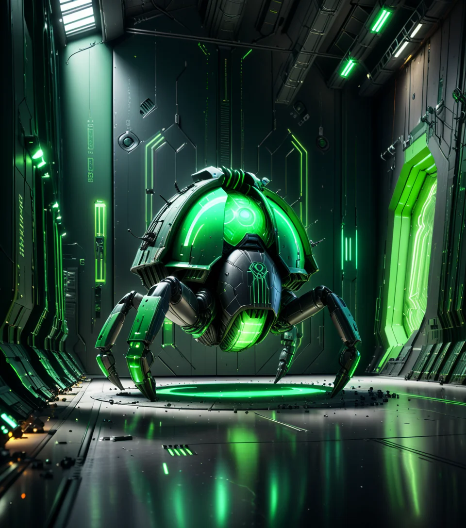 ((masterpiece, best quality)), high resolution, 32k picture, professional render, trending on artstation, Necron, full body shot, in the center of floor, angular shaped mechanical beetle, ((green-glowing body)) . sci-fi cargo hangar, specular floor, green electrical beams, scare environment . photo realistic, high details, 8k, sharp focus, bokeh, HDR, DOF, volumetric lighting, ((multi-colored artistic lighting)), vibrant shades, (3D Framed wall), best quality