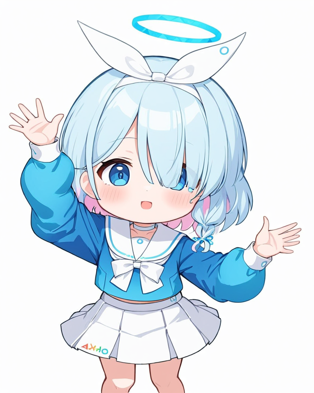 arona \(blue archive\),1girl, wavy_mouth, solo, white_skirt, blue_shirt, hair_over_one_eye, puffy_long_sleeves, >_<, white_hairband, facing_viewer, chibi, tears, white_sailor_collar, white_ribbon, white_bow, arms_up, white_background, hands_on_own_head, hair_ribbon, white_choker, serafuku, twitter_username, open_mouth, halo, pleated_skirt, triangle, nose_blush
<lora:arona_(blue_archive)_image5127_2023-12-02-000009:1>halo. gorgeous,key visual, vibrant, studio anime,award-winning, professional, highly detailed,high budget, cinemascope