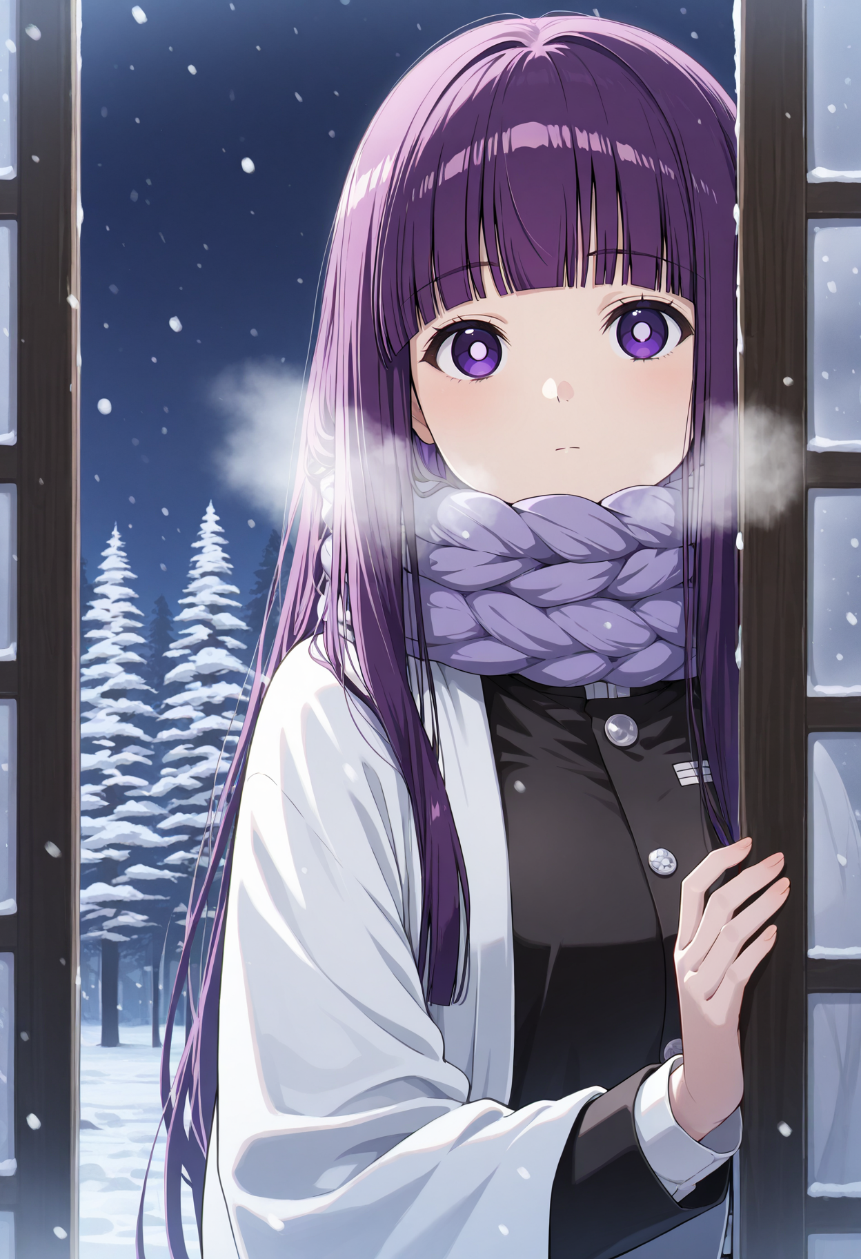 masterpiece, best quality, 1girl, solo, purple hair, long hair, blunt bangs, demon slayer uniform, white haori, long sleeves, black jacket, outdoors, winter, breath, (snowing), peeking out, upper body, purple eyes, bright pupils, night, night sky, nature, looking at viewer, closed mouth