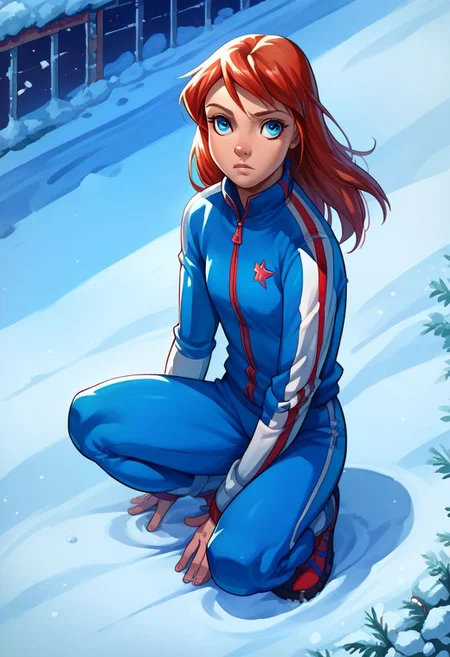 score_9, score_8_up, score_7_up, solo, cowboy shot, 1girl, female focus, source_cartoon, 2D, solo, julie_power, red hair, blue eyes, flat chest, tracksuit, squatting, snow, russia background, street