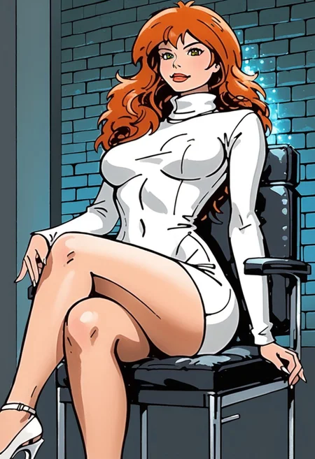 best quality, highly detailed, masterpiece,
supermodel, bombshell, Basic Instinct Pose, B4sic1nstinctP0se, basic_instinct_(movie), 1woman, looking at viewer, facing viewer, white silk dress, skintight dress, turtleneck, sitting, on_chair, bare_legs, crossed legs, high_heels, masterpiece,, score_9, score_8_up, score_7_up, score_6_up, Franka_HK, BREAK, 1girl, solo, (Franka_HK), redhead, long hair, perfect face, perfect eyes, sexy, sexy girl, seductive, beautiful eyes, petite body, wide hips, large breasts, posing, dynamic angle,
Brick wall, black office chair,
symmetrical, glowing lights, intricate, elegant, highly detailed, digital painting, highly detailed, digital painting, artstation, concept art, smooth, sharp focus, illustration,