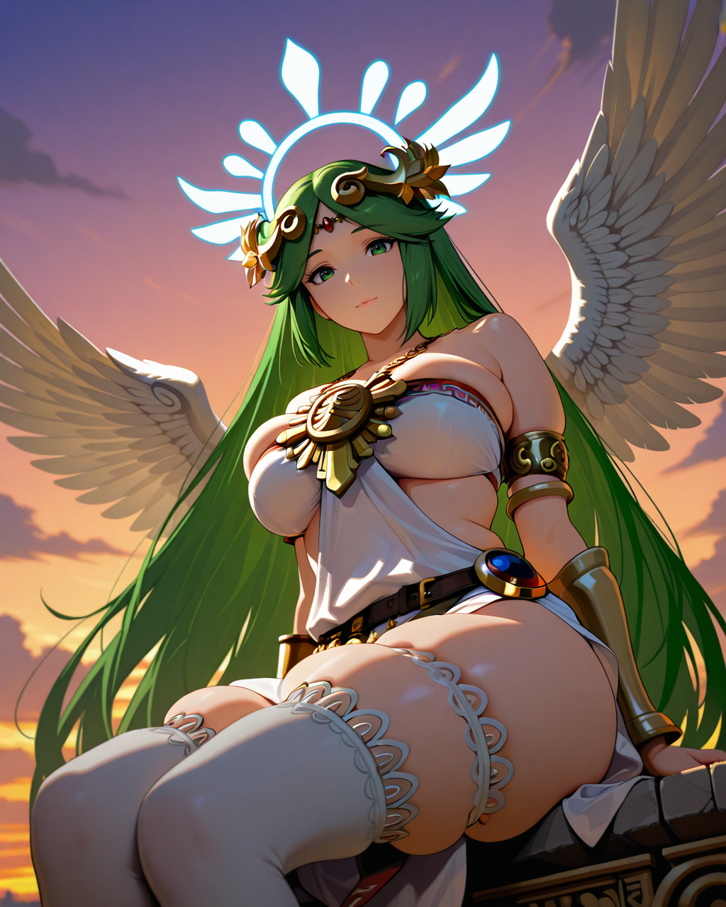 masterpiece,best quality,higres illustration,detailed face,1girl,looking at viewer,from below,sitting,<lora:hyperskindentation_IL:1>,skindentation,palutena,angel wings,flying,sky,sunset,