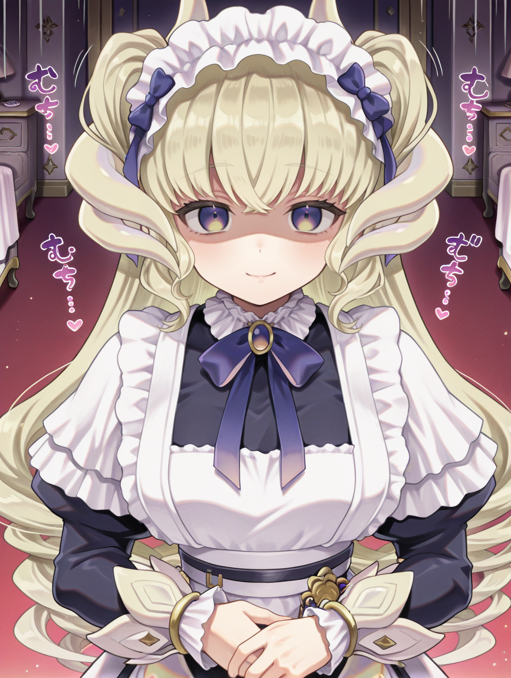 dragonmaid latys,1girl,solo,smile,looking at viewer,closed mouth,upper body,blue bow hairband,motion lines,blue maid dress,dragon girl,indoor,dressing room,(sound effects),shaded face,own hands together, hands on own stomach, 
masterpiece,best quality,amazing quality,very aesthetic,absurdres,newest,<lora:Dragonmaid latys illuXL v1:0.77>,