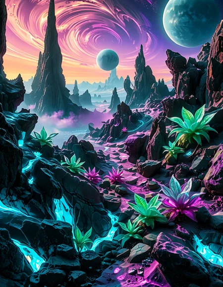 A breathtaking, high-resolution photograph of an alien planet with a surreal and otherworldly landscape. The sky is filled with two massive moons, casting an eerie glow over the terrain. Jagged rock formations, covered in bioluminescent moss, stretch across the horizon, glowing in shades of blue and purple. Strange, twisted plants with translucent leaves and pulsating veins grow from the cracked, iridescent soil. In the distance, towering crystalline mountains shimmer under the light of a distant red sun, their peaks enveloped in a misty, ethereal haze. The air is thick with floating luminescent spores, drifting like tiny fireflies. Rivers of liquid metal carve through the landscape, reflecting the vibrant alien sky. The atmosphere is a mix of neon blues, purples, and greens, creating a mesmerizing and futuristic scene, as if taken from the surface of a newly discovered exoplanet.
<lora:SDXLFaeTastic2400:0.4> <lora:extremely_detailed:0.4> extremely detailed,<lora:alien_pl4n3t:1>,alien pl4n3t
