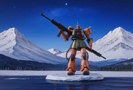 score_9, score_8_up, score_7_up, cowboy shot, side view, BREAK, ( white armor, white zaku, grey zaku, one eye, looking to the side, holding rifle in both hands, ) 3 mech, mech focus, walking, BREAK, snow, ice, ice mountains, dark blue violet sky, night time, starry sky, Realistic, Relaxed, Moonlit, beautiful detailed supreme quality color intricate, dynamic dramatic beautiful full taking, contemporary fine detail, highly detail, dynamic background, positive emotional, figure, background curving upwards, snow getting kicked up, miniature, pink monoeye,