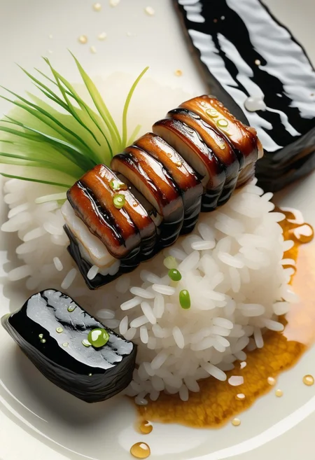 Modern Abstract Eel (Unagi) Nigiri Sushi, Silky Dark Glaze with Charred Edges, Laid Over a Rice Ball with a Seaweed Band, Accompanied by Floating Drops of Sweet Soy Reduction and Scattered Spring Onion Garnish, Emphasizing the Rich Flavor and Succulent Texture of Grilled Eel