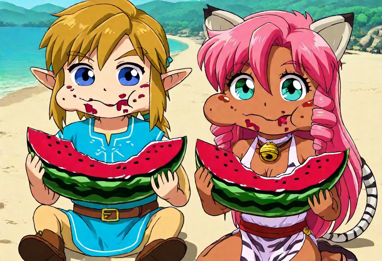 Pink_DragonPink, 1girl, sleeveless dress, white tiger print dress, pelvic curtain, cleavage, cat bell necklace, white tiger tail, red sash, small breasts, leather shoes, masterpiece, very aesthetic, <lora:pink-illustrious:1>, 
Break
1boy,Anime screencap,link (zelda),blonde hair,blue eyes,pointy ears, low ponytail, sidelocks, wearing blue hyilian tunic,
Break
Sunny day at a beach, sitting on beach towels, puffed cheeks, eating, stuffed mouth, drooling, cute, comedic expression, happy expression,  closed mouth, chewing, munching, holding, holding food, eating, food in hands, Pink and Link eating watermelon