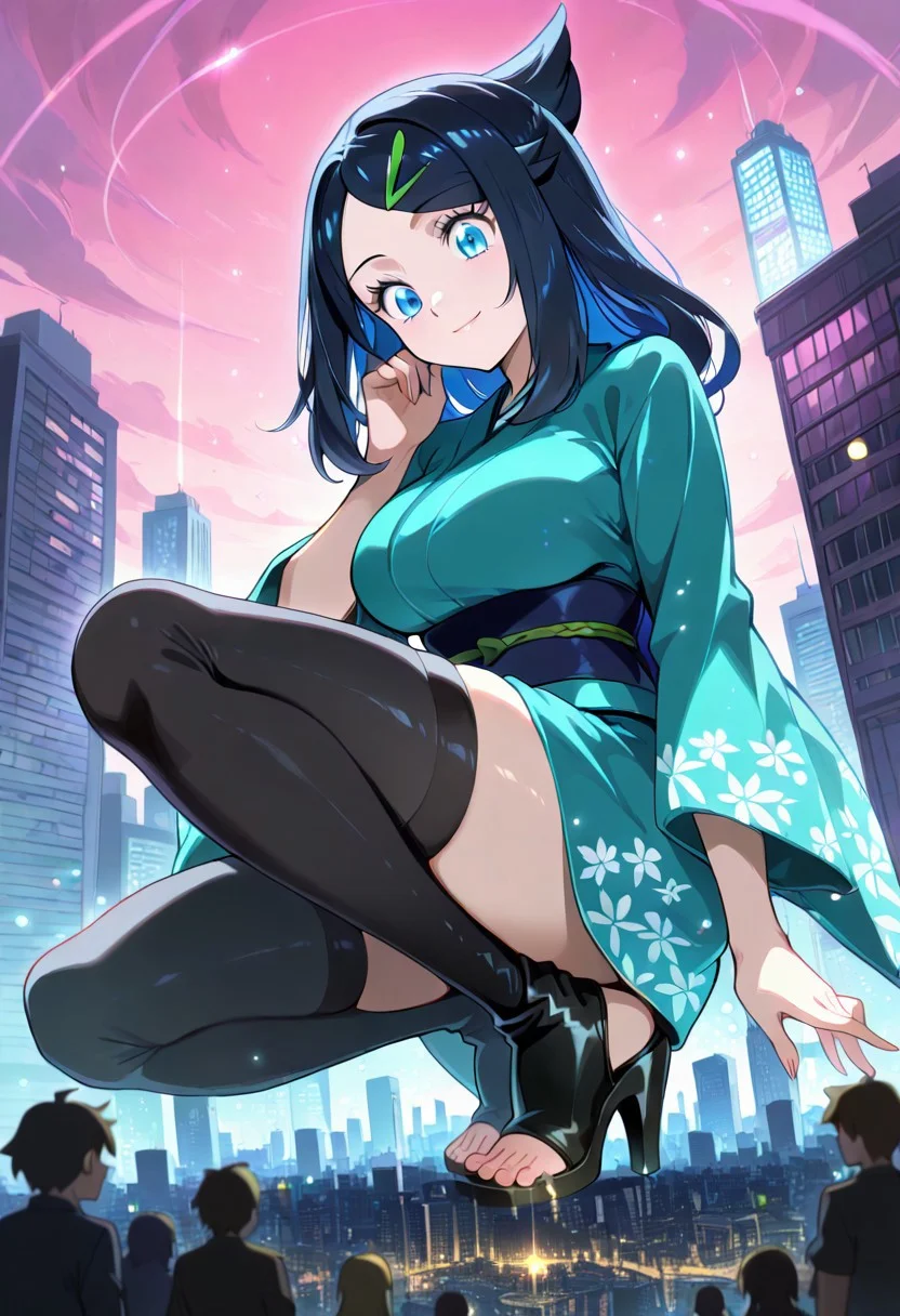 score_9, score_8_up, score_7_up,source_anime, 1girl, adult, women, aaliko, long hair, black hair, colored inner hair, hairclip, blue eyes, kimono, black thighhighs, black high heels, toeless footwear, eyelashes, large breasts, (facial expression, calm, light smile, looking down, head tilt, soft eyes), dreamlike atmosphere, glowing edges, mystical, high contrast, ethereal light, light particles, gl0w, glow, detailed eyes, high definition eyes, blurry foreground, city, giantess, tiny people, masterpiece, best quality, absurdres, ultra detailed, side view,