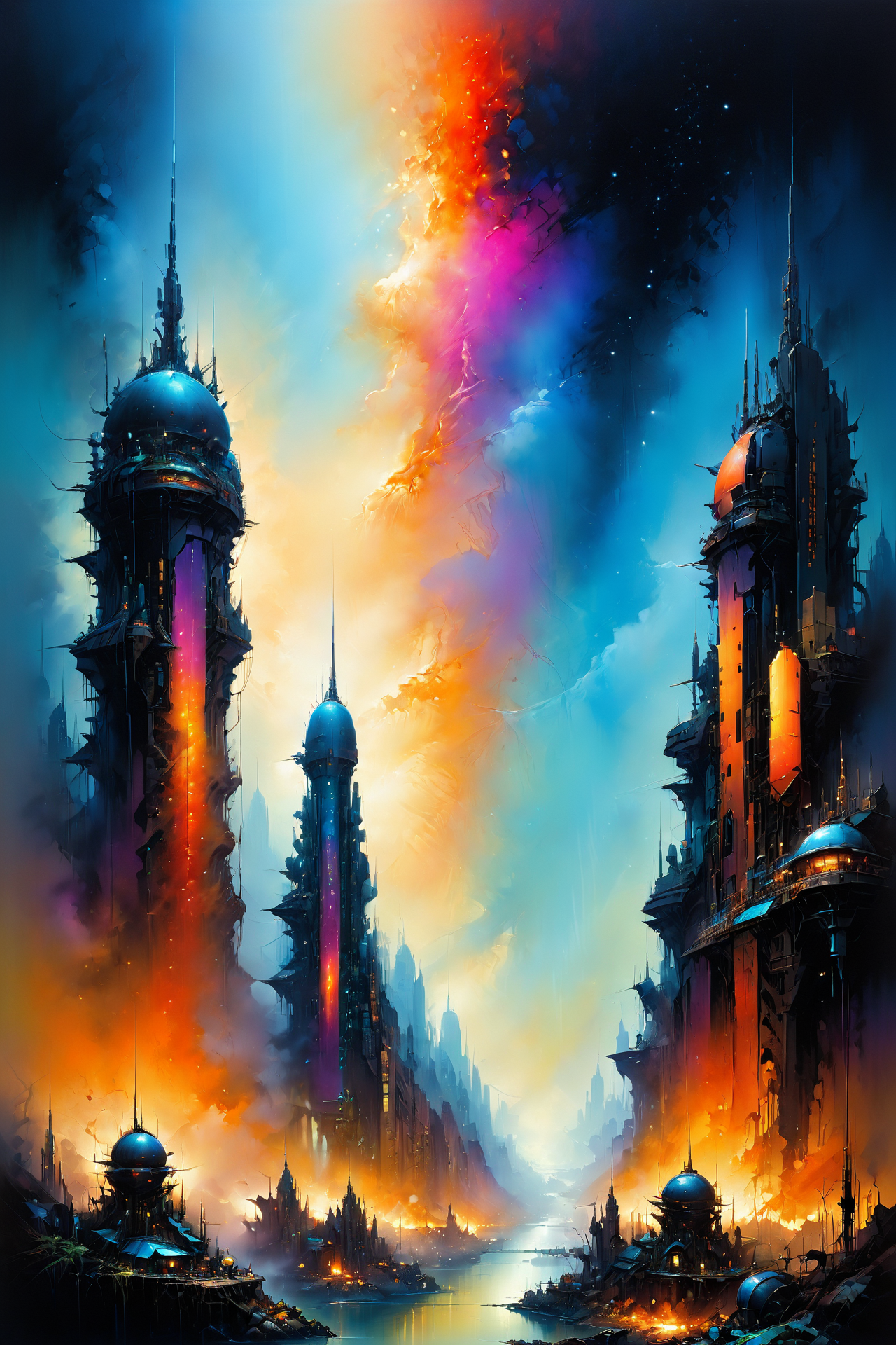skyline of a dense and sprawling city on a junkworld, cyberpunk, night, neon signs, spotlights, hologram,smoke,  neon lights,  glowing, ethereal light,starry sky, bustling, cosmic hues, vibrant colors, watercolor style, surreal lighting, futuristic motifs, vivid colors, detailed digital art <lora:EnvyJunkworldXL01:0.8>  <lora:Ethereal_Grace:1>, (masterpiece:1.2), best quality, (hyperdetailed, highest detailed:1.2), high resolution textures, <lora:EnvyBetterHiresFixXL01:1>