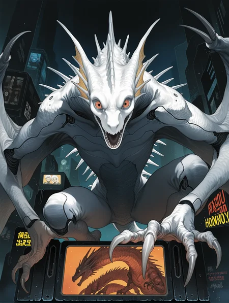 wyvern, western dragon, monster, cyborg, mikimoto haruhiko, honovy, (juanmao1997:0.8), (seyorrol:0.6), (mucknagabe:0.6), (demizu posuka:0.4), (snowskau:0.8), (reoen:0.4), realistic feral, male, slim, albino, white body, (screen face:1.3), long snout, cybernetics, wing claws, spines, detailed mouth, solo, crouching, leaning forward, looking down at viewer, open mouth, three-quarter view, low-angle view, no humans, animal focus, monster focus, watercolor \(medium\), novel illustration, retro artstyle, science fiction, cyberpunk
,masterpiece,best quality,amazing quality,