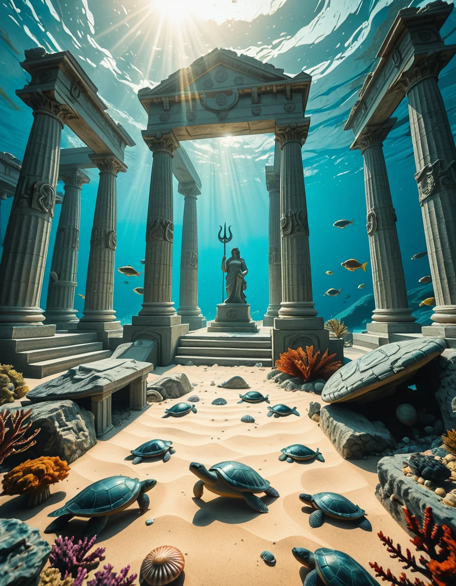 An ancient underwater Temple of Poseidon, partially buried in sand and coral at the bottom of the Aegean Sea. Massive marble columns, some broken, others still standing, encrusted with seashells and marine life. Soft sunlight filtering through the ocean surface above, casting shimmering rays over the temple ruins. Colorful fish and sea turtles swimming peacefully around. The atmosphere is mystical and serene, with a bluish-green hue dominating the scene. A statue of Poseidon with a trident stands at the center of the temple, covered in algae and marine growth. Realistic style, high detail, cinematic lighting, wide-angle view.
<lora:SDXLFaeTastic2400:0.4> <lora:extremely_detailed:0.4> extremely detailed,underwater Temple of P0s31d0n, <lora:underwater_Temple_of_P0s31d0n-i:1>, Masterpiece,best quality,hi res,8k,hi res,8k,award winning,(sharp focus, intricate, highly detailed),