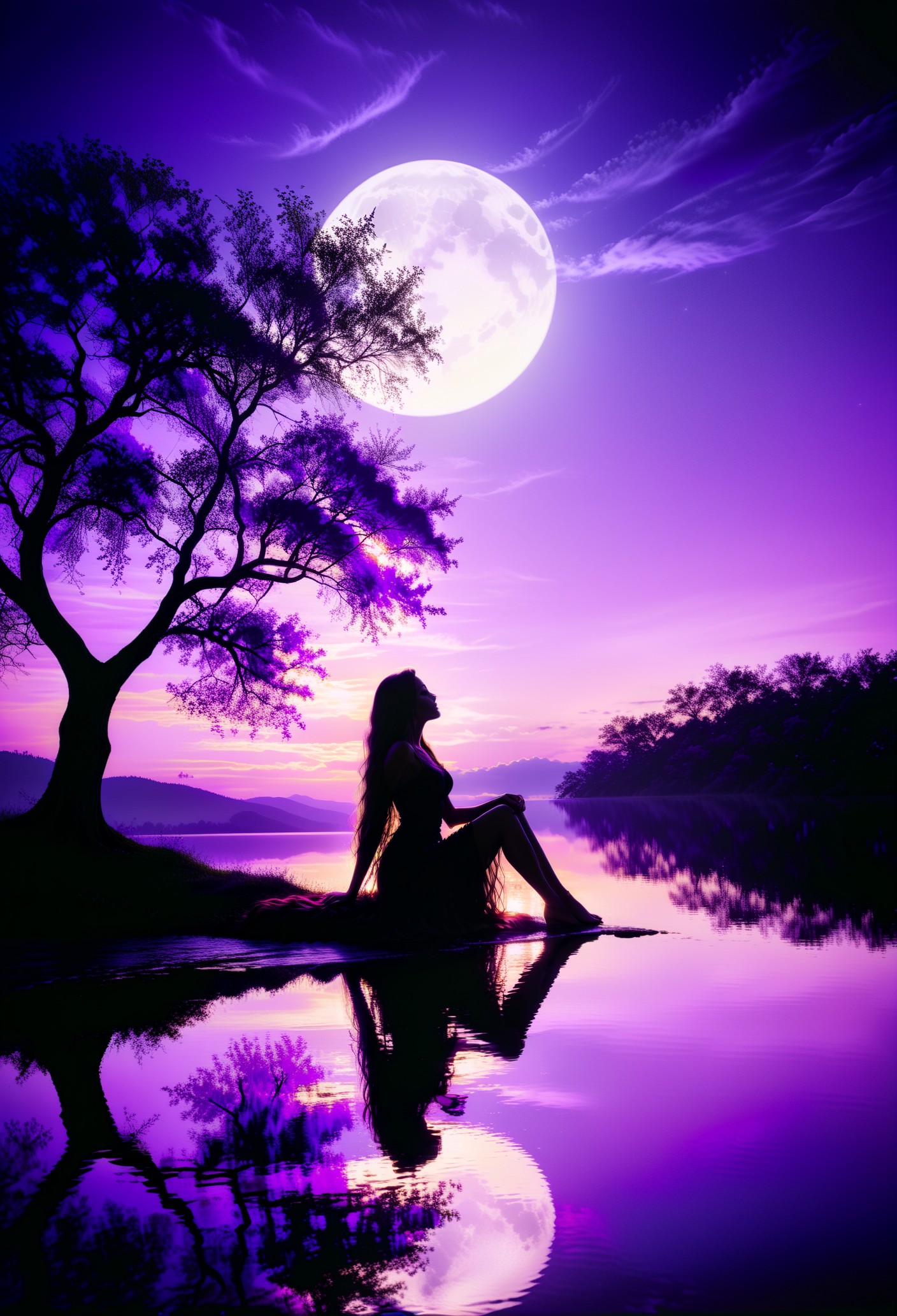 a pitch black setting with a (silhoutte) of a beautiful long haired woman sitting lit up by a purple hue, magical, silhouette, purple theme, purple skies, tree silhouette, eyes closed, ephemeral, reflection, moon  <lora:sdxl\add-detail-xl> <lora:sdxl\xl_more_art-full_v1>