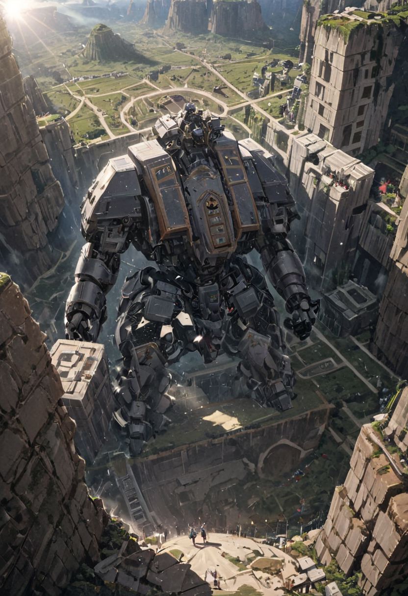 (Huge  mecha robots WITH NION totem carry huge stone blocks:1.5), 
(Ancient megalithic civilization, Azka Lines, on Easter Island:1.1), (The colonial city of the future, in the mist-filled Grand Canyon, on an unknown Earth-like planet, 2 moon on sky, Spaceship flight connects colonies, waterfulls:1), (Machu Picchu, a mountain settlement, incredibly spectacular:1),  (avant-garde, future, reality, science fiction, photorealistic), White limestone with black granite, fountain, waterfall, landmark, square, path, narrow street, (Large Files, Ultra Realistic, 8K, 16k, FHD, HD, VFX, Perfect, Photography, composition, Architecture Sales Photography, Architecture Competition, Ultra High Resolution, Cinematography, High Resolution Image:1), (dramatic lighting, direct sunlight, ray tracing, clear shadow:1), (real landscape:1), (blurred background:1.0), (urban background, more_details) ,
extremely detailed, industrialbuilding, drdnght machine, spstation, mayamaze, caveruinsAerial