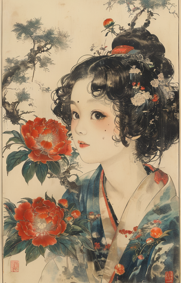 masterpiece,best quality,<lora:tbh162-sdxl:0.9>,illustration,style of Kawanabe Kyosai, A bottle of perfume in garden