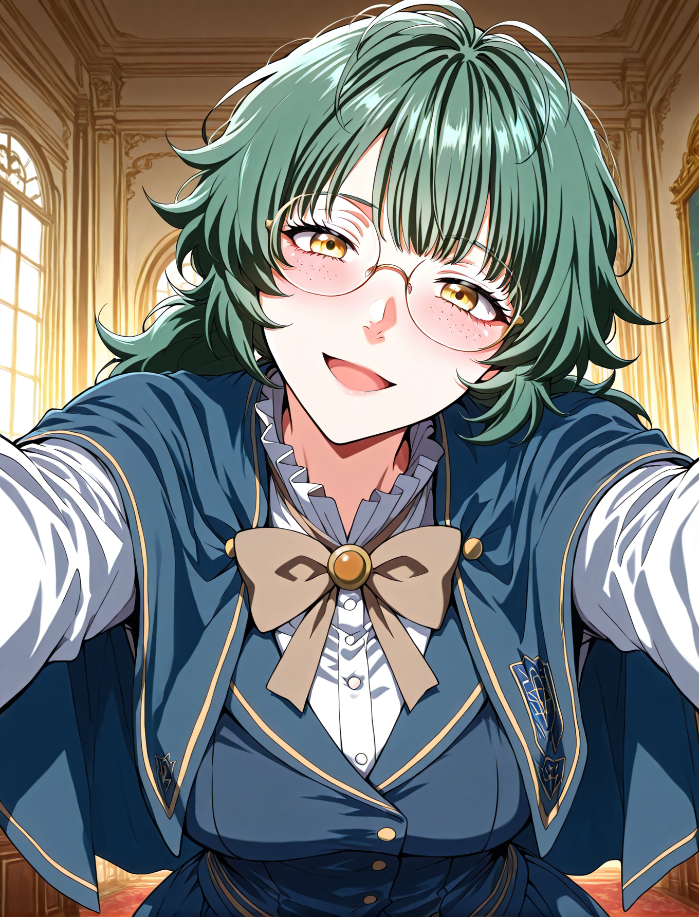 <lora:Emily_Watsken__The_Beginning_After_the_End__Illustrious:1>
1 girl, solo, yellow eyes, green hair, ahoge, low ponytail, bangs, long hair, messy hair, freckles,
uniform, white shirt, long sleeves, frilled sleeves, blue skirt, blue capelet, brown bowtie, glasses, round eyewear, blue jacket
score_9, score_8_up, score_7_up, score_6_up, source_anime, rating_explicit, 1girl, solo, smile, embarrassed, alcalose eyes, open mouth, mansion, indoors, looking at viewer, outstretched arms, pov, close-up, (head tilt:1.2), <lora:iLLMythG0thicL1nes:1>