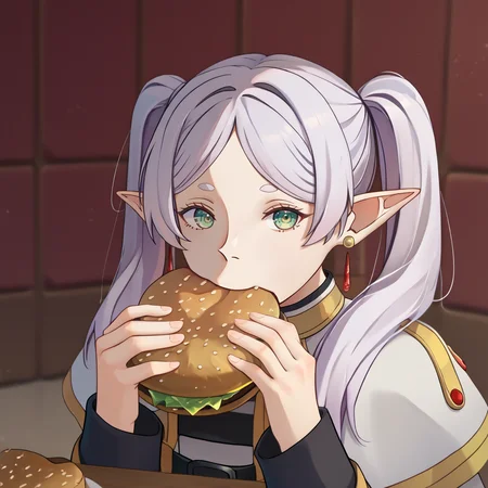 score_9, score_8_up, score_7_up, score_6_up, source_anime BREAK 1girl, <lora:jermawhopper-pdxl-nvwls-v1-000005:1> jermaWhopper, eating, burger, looking at you, upper body <lora:ChamFrierenPonyXLCame:1> Frieren, green eyes, white hair, long hair, twintails, thick eyebrows, earrings, FrierenBase, green eyes, white hair, long hair, twintails, earrings, white capelet, striped shirt, long sleeves, belt, white skirt, medium skirt, black pantyhose