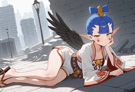 1girl, lying, on side, unamused, looking at viewer, head rest, <lora:AmanozakoSMT-illu:1> am4n0, blue hair, short hair, hair ornament, yellow eyes, pointy ears, facial mark, white jacket, open jacket, cropped jacket, wide sleeves, japanese clothes, romper, shimenawa, jingle bell, sash, black wings, tengu-geta, brick wall, ruins, city, lamppost, masterpiece, best quality, good quality, newest