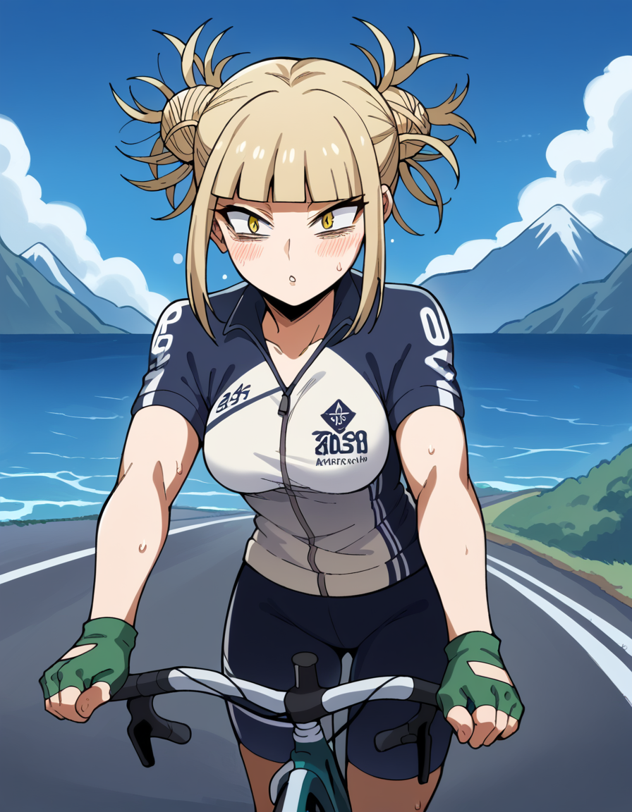 score_9, score_8_up, score_7_up, source_anime, <lora:himiko-toga-s5-ponyxl-lora-nochekaiser:1>, himiko toga, bangs, blonde hair, yellow eyes, blunt bangs, hair bun, double bun, messy hair, medium breasts, <lora:cycling-uniform-ponyxl-lora-nochekaiser:1> cycling uniform, bicycle, bike jersey, bike shorts, biker clothes, fingerless gloves, gloves, road bicycle, short sleeves,, road, mountains, ocean, blue sky, clouds, bent over, parted lips, sweat, steam, blush, cowboy shot,