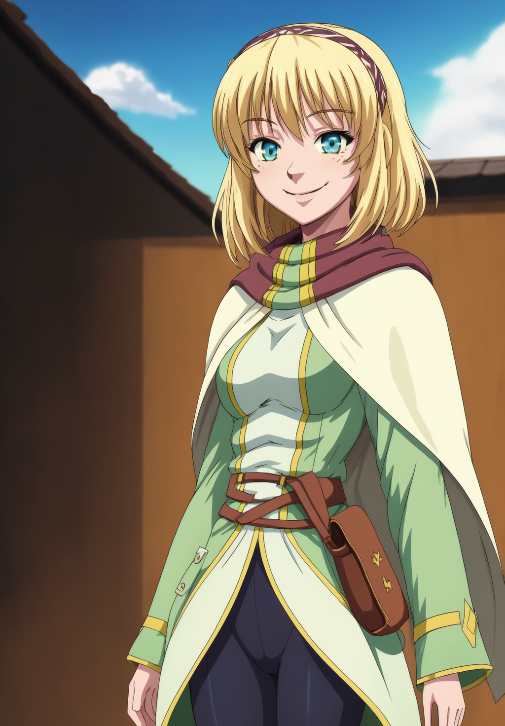 <lora:leadale-Cayna_1:0.8>, leadale-Cayna, masterpiece, absurdres, realistic, 1girl, solo, sky, cloud, bag, cloak, upper body, ((seductive smile, )) <lora:Masterpiace:1.0>