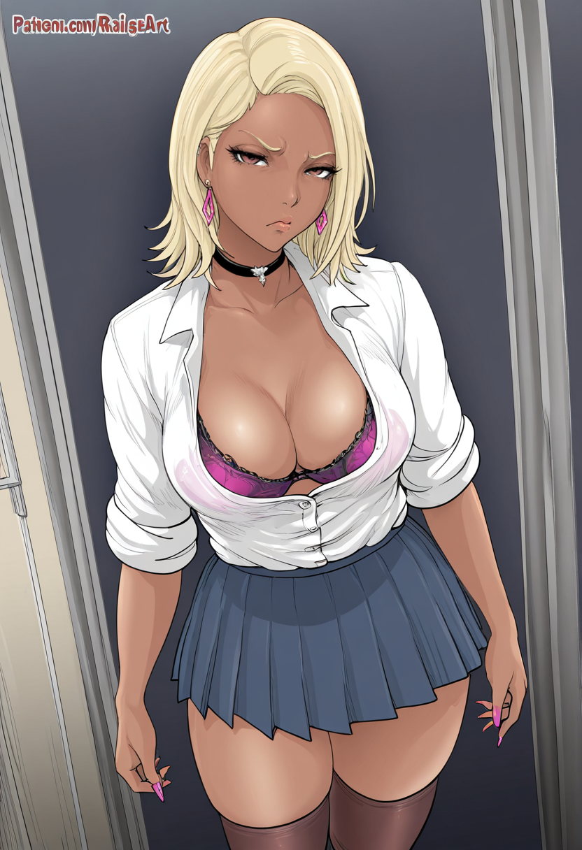 masterpiece, best quality, 
 <lora:raikageart:1> r41k4g34rt, 1girl, solo,standing, looking at viewer, disdain,blonde hair, medium hair, gyaru, medium breasts,school uniform, skindentation, cleavage, skirt, thighhighs, choker, earrings, sleeves rolled up, underwear, bra,
