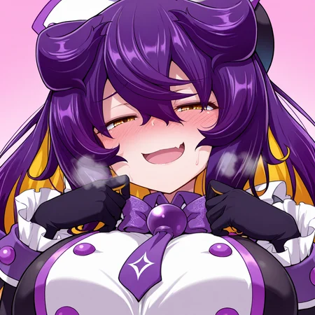 half-closed eyes,1girl,gloves,solo,yellow eyes,blush,female pervert,purple hair,:d,nose blush,skin fang,heavy breathing,open mouth,hat,looking at viewer,virtual youtuber,black gloves,long hair,blush,twintails,hair between eyes,prune \(bombergirl\),<lora:prune1:1>,prune \(bombergirl\),upper body,large breasts,