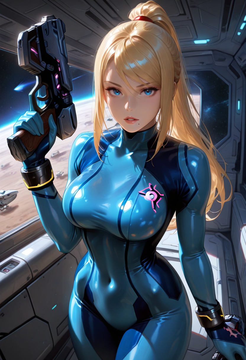 masterpiece, best quality, newest, absurdres, highres ,  <lora:SSB4SamusIllustrious:1>, ,SSB4ZSS, blonde hair,blue eyes, ponytail, blue bodysuit, bracelet, mole under mouth, looking at viewer, gun, trigger discipline, spacecraft interior, space, 1girl, solo, parted lips, breasts,