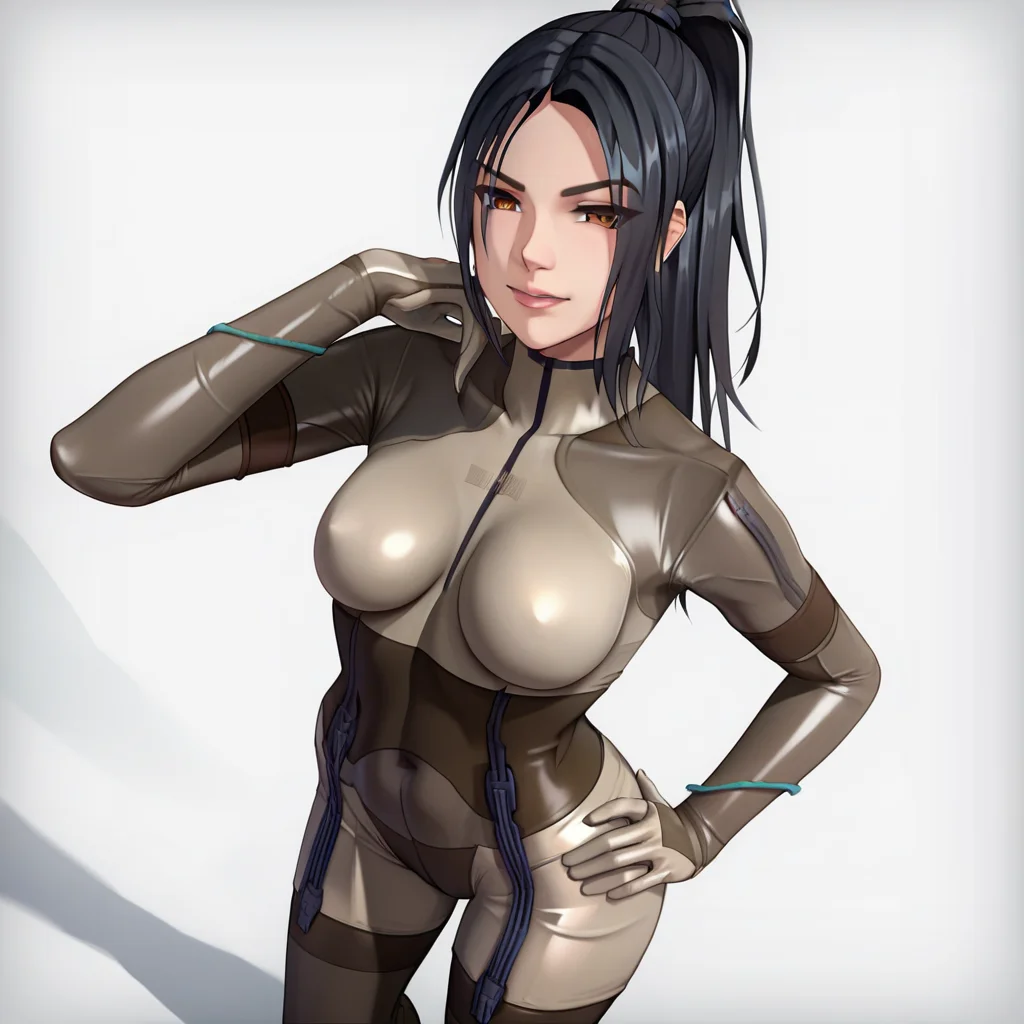 score_9, score_8_up, score_7_up,score_6_up,uncensored,detailed eyes,perfect eyes,extremely detailed CG,extremely detailed face,detailed Lora,best quality,source_anime,anime,perfect face, beautiful eyes,beautiful face, detailed eyes ,masterpiece,high resolution, distinct image BREAK   <lora:MGS4_Raging_Raven:1> MGS4_Raging_Raven, 1girl, solo, brown eyes, black hair, long hair, medium breasts, bodysuit, ponytail, toeless legwear, gloves,   looking at viewer,hand up,hand on own hip,standing