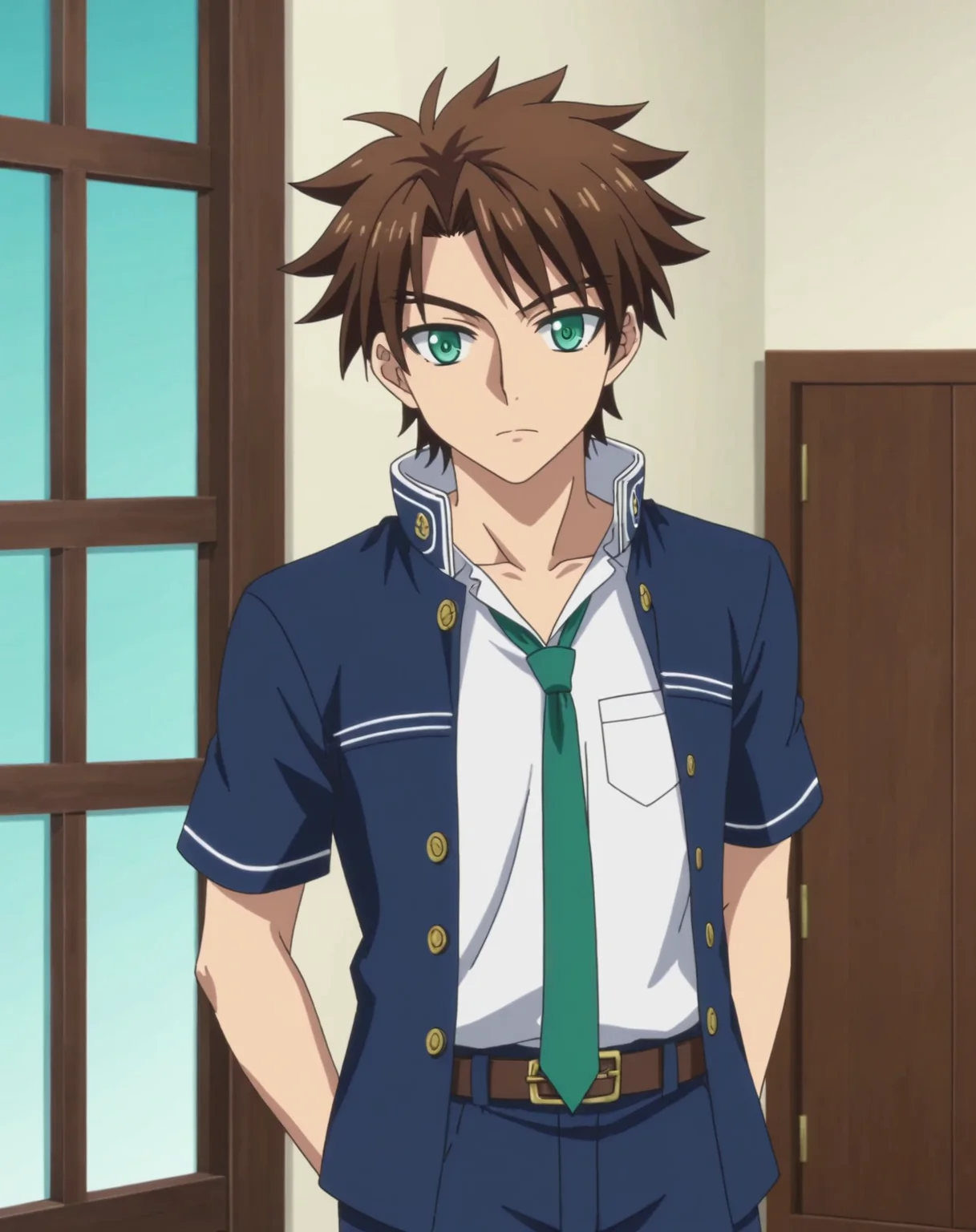 score_9, score_8_up, source_anime, anime screencap, original style, depth of field, BREAK, rating_safe, 1boy, solo, male focus, adult, <lora:toujou_basara_pony:1>, toujou_basara_pony, brown hair, green eyes, short hair, bangs, cowboy shot, gakuran, expresionless, standing, looking at viewer, facing viewer, <lora:sdxl_lightning_8step_lora:1>