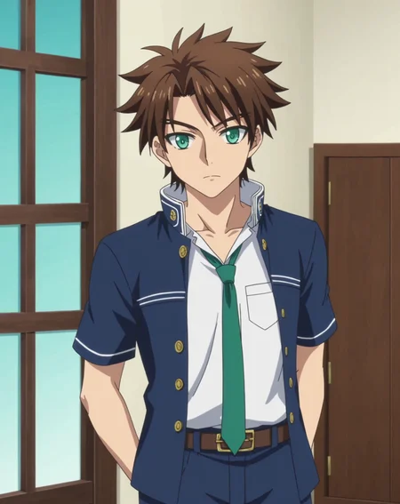 score_9, score_8_up, source_anime, anime screencap, original style, depth of field, BREAK, rating_safe, 1boy, solo, male focus, adult, <lora:toujou_basara_pony:1>, toujou_basara_pony, brown hair, green eyes, short hair, bangs, cowboy shot, gakuran, expresionless, standing, looking at viewer, facing viewer, <lora:sdxl_lightning_8step_lora:1>
