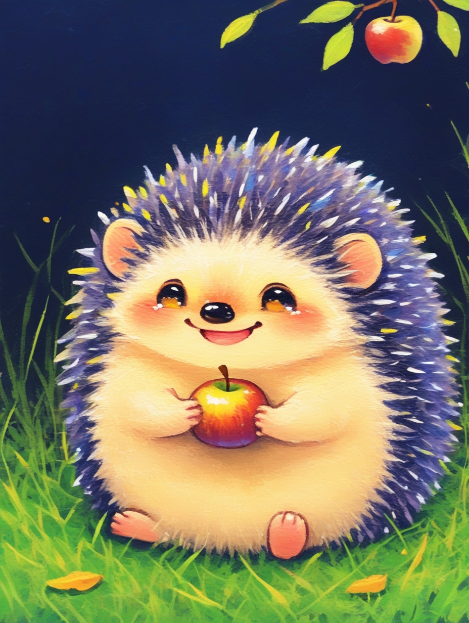A cute little hedgehog sitting on the grass eating an apple,<lora:J_oil_pastels:0.8>,j_fantasy,