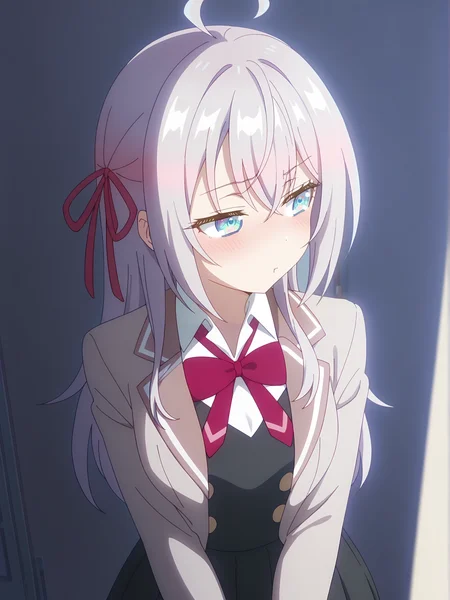 <lora:Alya_v2:0.9>, alya, 1girl, solo, blue eyes, long silver hair, ahoge, red hair bow, school uniform, beige blazer, white collared shirt, red necktie, black buttoned dress, black pleated short skirt, blushing, looking to the side, narrowed eyes, closed mouth, standing, from above, upper body, dramatic lighting, high contrast