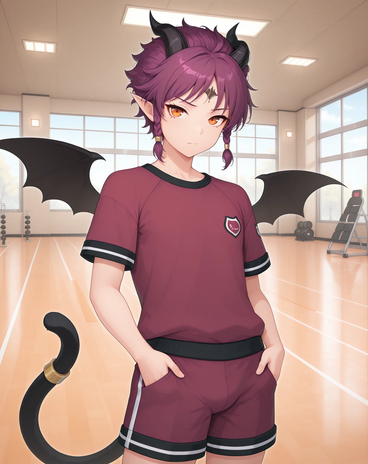 masterpiece,best quality,amazing quality, newest, very aesthetic, absurdres,
1boy, solo, yaoi, male focus, looking at viewer, cowboy shot, standing,
<lora:Veigas_Dream_Cat_ilxl:1> veigasdreamcat, demon tail, purple hair,pointy ears, demon horns, black wings, short hair, orange eyes, demon wings, bat wings, black horns, sidelocks, cat tail, forehead mark,
gym uniform, gym shorts, gym shirt,
indoors, gym,