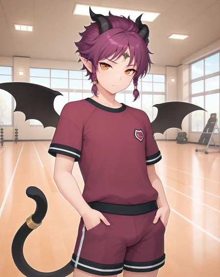 masterpiece,best quality,amazing quality, newest, very aesthetic, absurdres,
1boy, solo, yaoi, male focus, looking at viewer, cowboy shot, standing,
<lora:Veigas_Dream_Cat_ilxl:1> veigasdreamcat, demon tail, purple hair,pointy ears, demon horns, black wings, short hair, orange eyes, demon wings, bat wings, black horns, sidelocks, cat tail, forehead mark,
gym uniform, gym shorts, gym shirt,
indoors, gym,