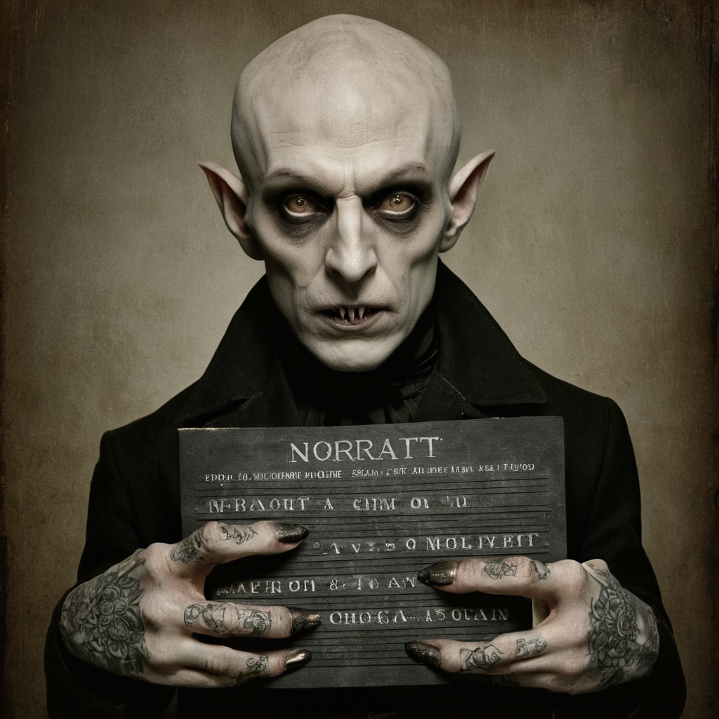 Horror-themed,  <lora:Mugshots style v2:1>
In mugshot style,mugshot background,mugshot wallpaper,mugshot room,crime move style , detailed background
A Mugshot photo of nosferatu a gangsta vampire bald pale skin man with tattoos holding a mugshot
 <lora:Nosferatu:0.5>, Eerie, unsettling, dark, spooky, suspenseful, grim, highly detailed