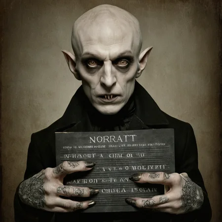 Horror-themed, <lora:Mugshots style v2:1>
In mugshot style,mugshot background,mugshot wallpaper,mugshot room,crime move style , detailed background
A Mugshot photo of nosferatu a gangsta vampire bald pale skin man with tattoos holding a mugshot
<lora:Nosferatu:0.5>, Eerie, unsettling, dark, spooky, suspenseful, grim, highly detailed