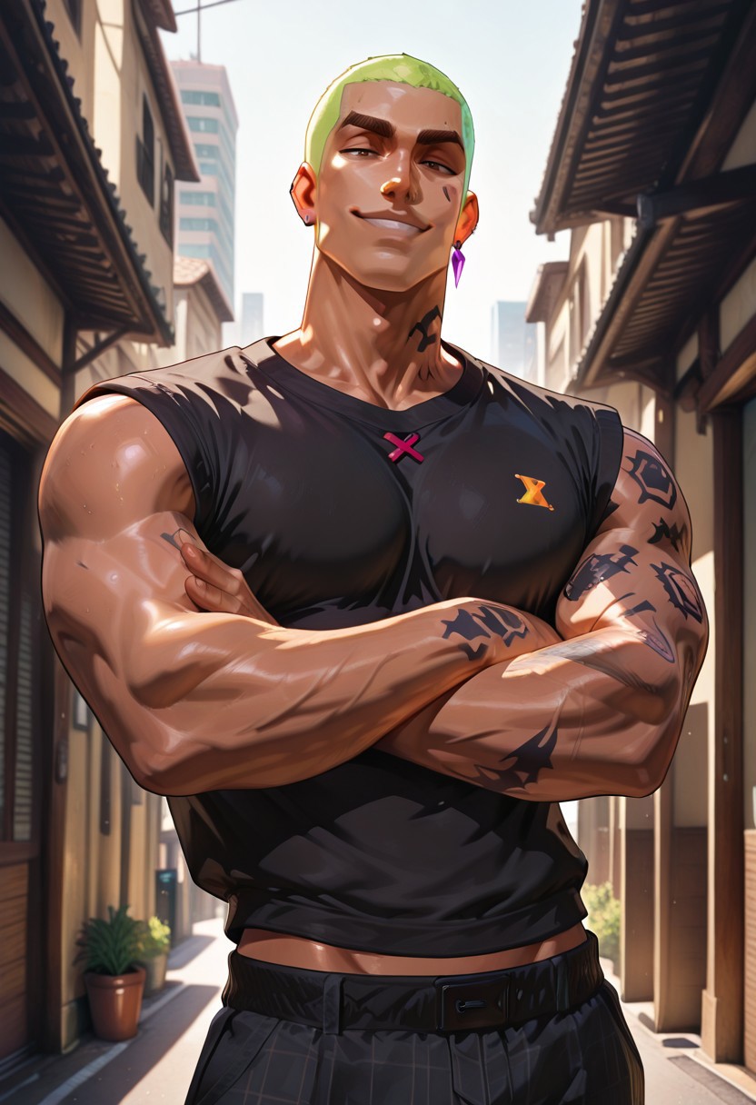 masterpiece, best quality, newest, absurdres, highres, male, bara, male focus, 1boy, muscular, v-taper, long torso, narrow waist, solo, angular jawline, Gekko, green hair, buzzcut, tattoos, brown skin, earrings, arms crossed, smirk, outside, urban environment